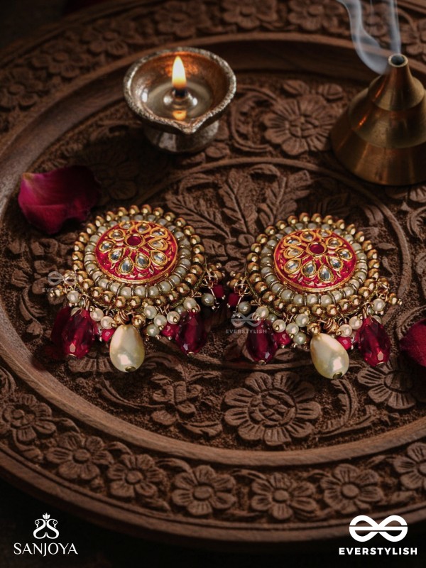 KUSUMAVALI - ROW OF FLOWERS - STONES, PEARLS AND RED BEADS KUNDAN HAND EMBROIDERED EARRINGS