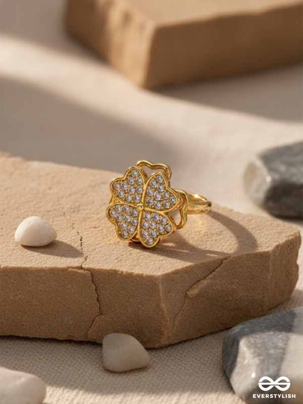LUCKY FOUR LEAFED CLOVER -   ANXIETY SPINNING RING INLAID WITH CUBIC ZICRONIA STONES