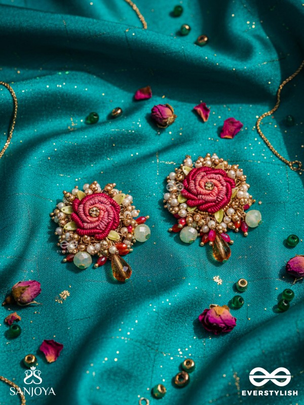 GULRATNA - JEWEL OF ROSES - HANDCRAFTED ROSE EARRINGS WITH BEADED FRINGES, PEARLS AND GEM DETAILS