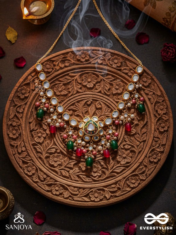 KIRANMALA – GARLAND OF RAYS- EXQUISITE ENAMELLED KUNDAN NECKLACE WITH MULTICOLORED DROPS AND PEARLS