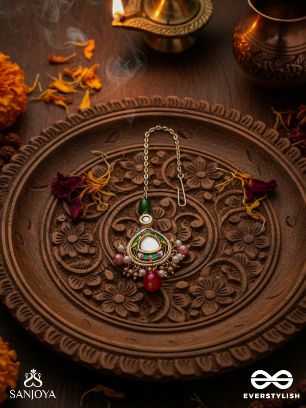 KIRANMALA – GARLAND OF RAYS- EXQUISITE ENAMELLED KUNDAN MAANGTIKA WITH MULTICOLORED DROPS AND PEARLS