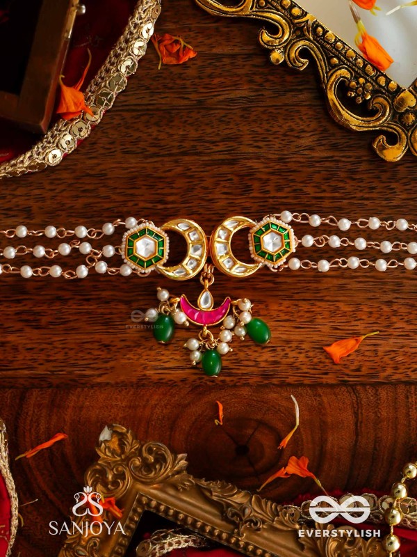 SHASHIRATNA- JEWEL OF THE MOON- KUNDAN NECKLACE INSPIRED BY THE MOON’S RADIANCE WITH PEARLS AND  GREEN DROPS