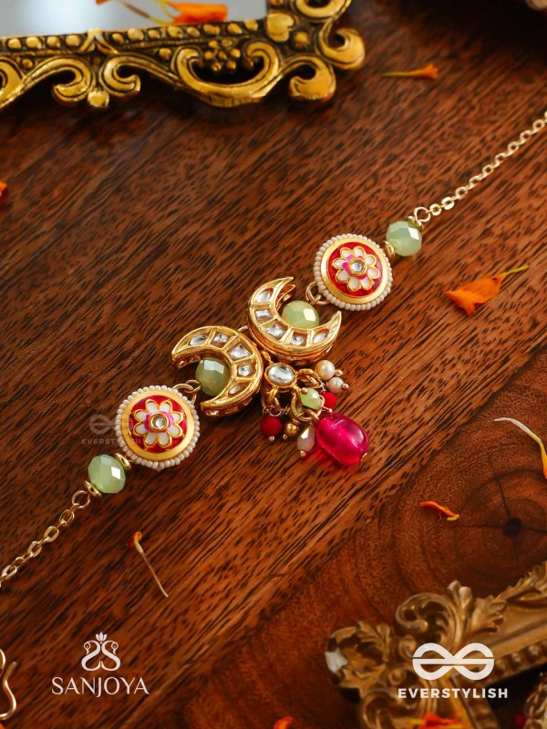 SHONAPRABHA- RADIANCE OF GOLD AND RED- HANDCRAFTED KUNDAN CHOKER  WITH GOLDEN MOONS AND RED BEADS