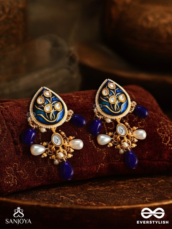 NILACHANDRIKA- MOONLIGHT OF THE BLUE SKY- KUNDAN EARRINGS WITH DEEP BLUE ENAMEL WORK WITH GOLDEN DETAILS, PEARLS, AND DAZZLING GEMS