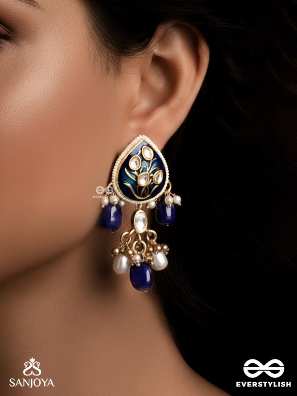 NILACHANDRIKA- MOONLIGHT OF THE BLUE SKY- KUNDAN EARRINGS WITH DEEP BLUE ENAMEL WORK WITH GOLDEN DETAILS, PEARLS, AND DAZZLING GEMS
