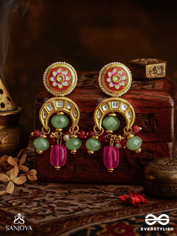 SHONAPRABHA- RADIANCE OF GOLD AND RED- HANDCRAFTED KUNDAN EARRINGS  WITH GOLDEN MOONS AND RED BEADS