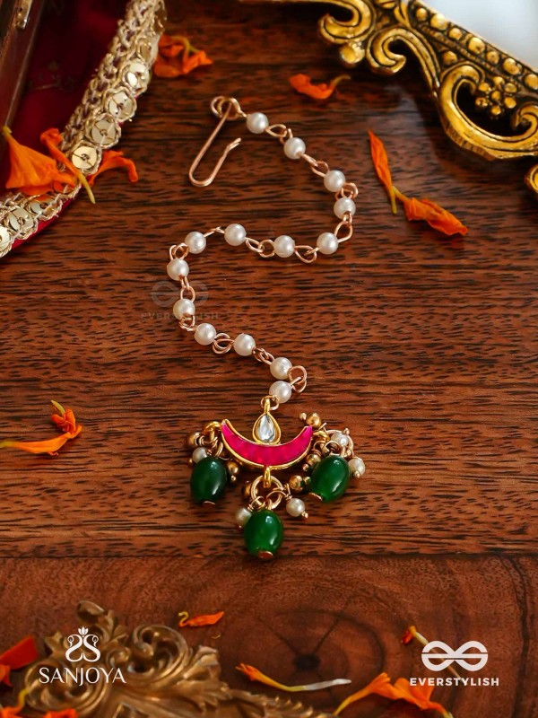 SHASHIRATNA- JEWEL OF THE MOON- KUNDAN MAANGTIKA INSPIRED BY THE MOON’S RADIANCE WITH PEARLS AND  GREEN DROPS