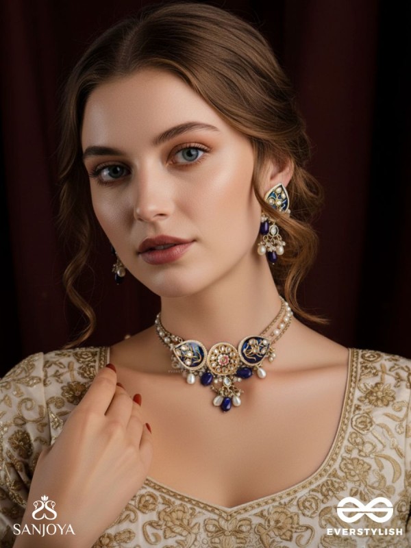 NILACHANDRIKA- MOONLIGHT OF THE BLUE SKY -HANDMADE KUNDAN SET WITH NECKLACE AND EARRINGS 