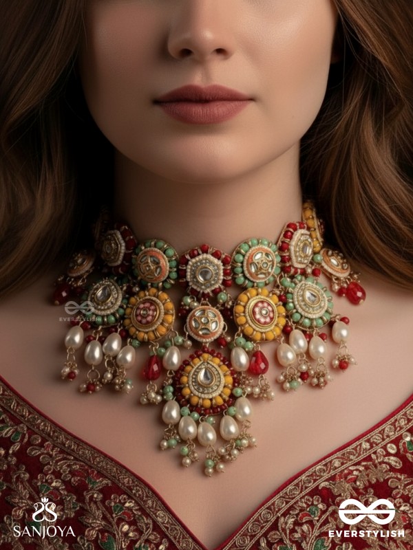 VIBHAVARI - NIGHT FULL OF SPLENDOR - MULTI-COLOR ENAMELLED KUNDAN NECKLACE WITH PEARLS AND BEADS