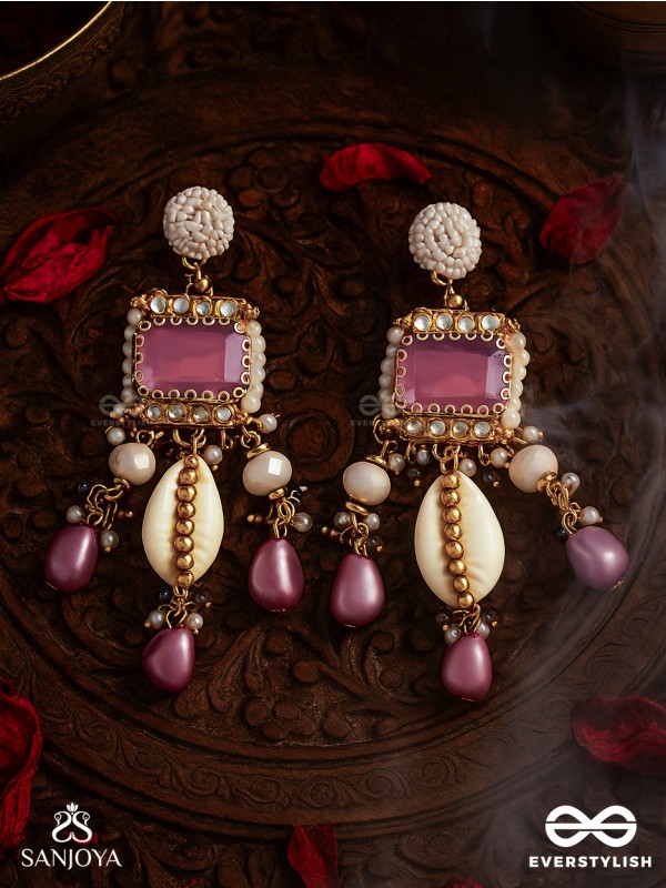 MANOHARA - CHARMING BEAUTY- ROYAL KUNDAN EARRINGS WITH PEARL STRINGS, SHELLS AND PINK GEM EMBELLISHMENTS