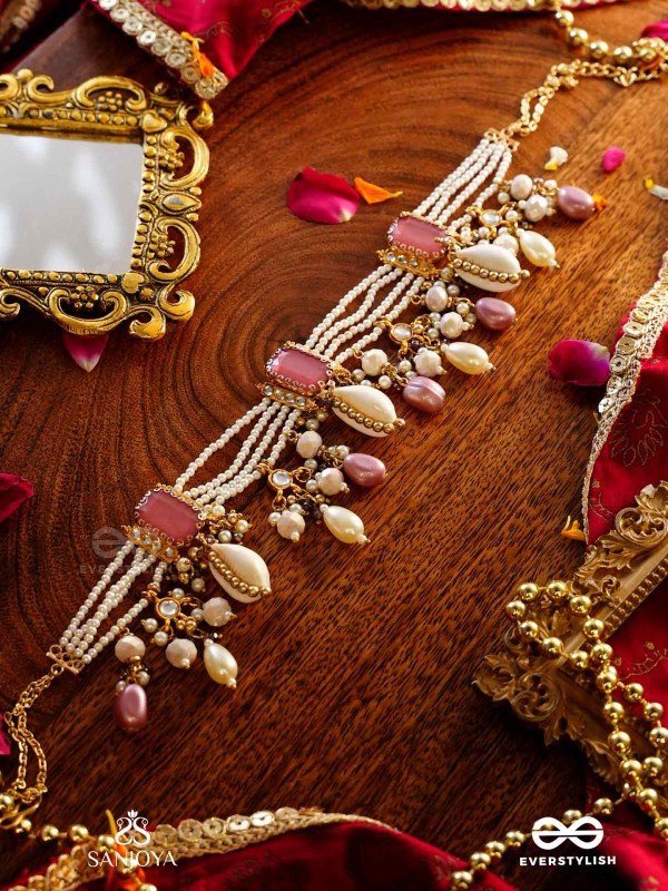 MANOHARA - CHARMING BEAUTY- ROYAL KUNDAN NECKLACE WITH PEARL STRINGS, SHELLS AND PINK GEM EMBELLISHMENTS