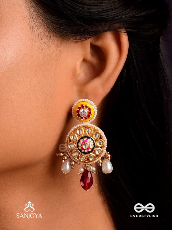 DIVYANJALI - DIVINE OFFERING-  KUNDAN, PEARLS, AND RED STONES HANDMADE EARRINGS