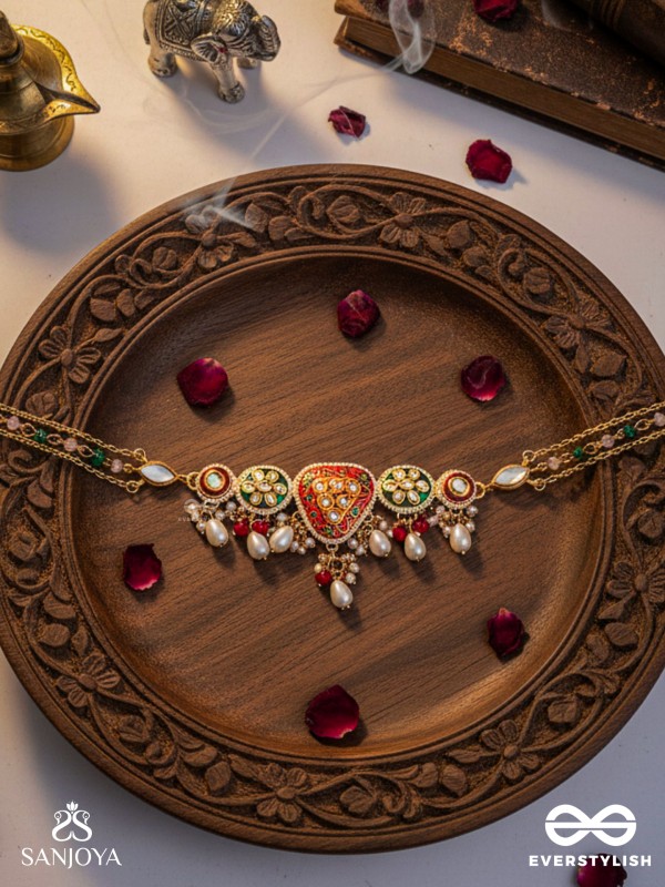 SUNDARIKA - BEAUTIFUL ONE - INTRICATE KUNDAN NECKLACE WITH ENAMEL WORK AND PEARL DROPS