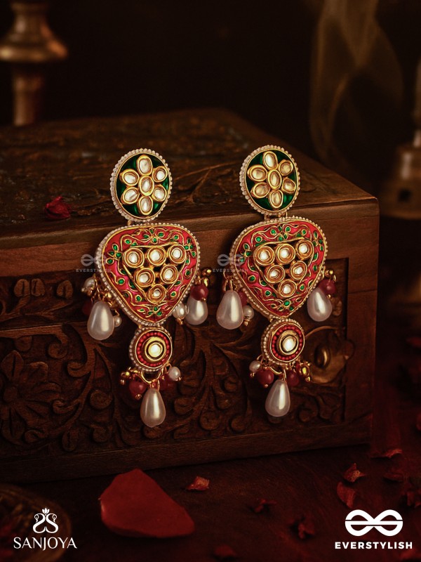 SUNDARIKA - BEAUTIFUL ONE - INTRICATE KUNDAN EARRINGS WITH ENAMEL WORK AND PEARL DROPS