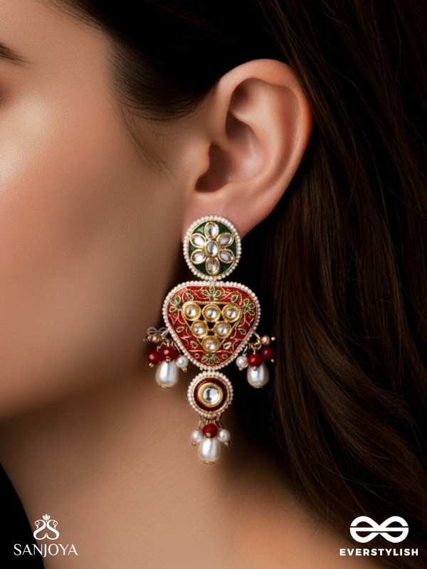 SUNDARIKA - BEAUTIFUL ONE - INTRICATE KUNDAN EARRINGS WITH ENAMEL WORK AND PEARL DROPS
