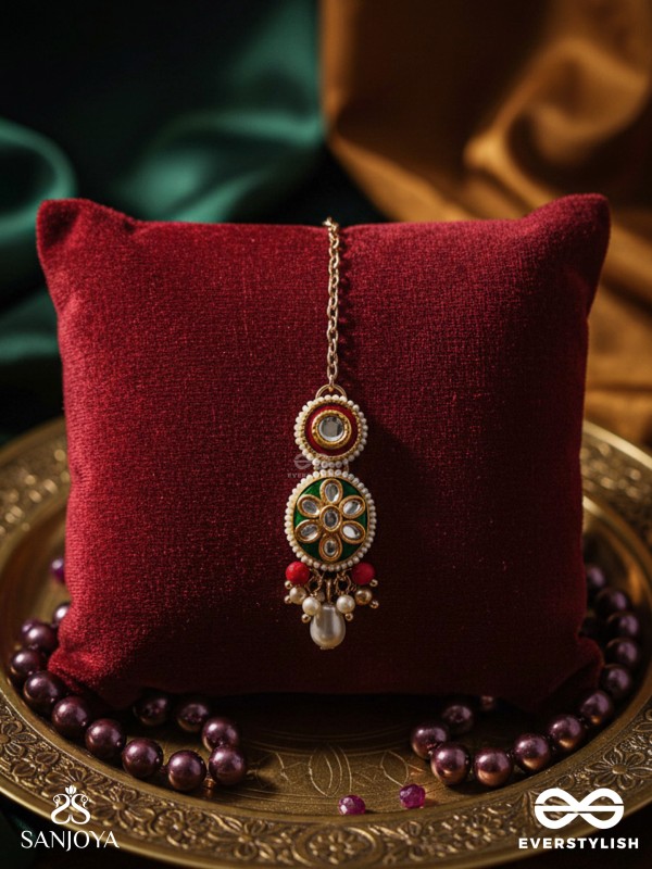 UNDARIKA - BEAUTIFUL ONE - INTRICATE KUNDAN MAANGTIKA WITH ENAMEL WORK AND PEARL DROPS