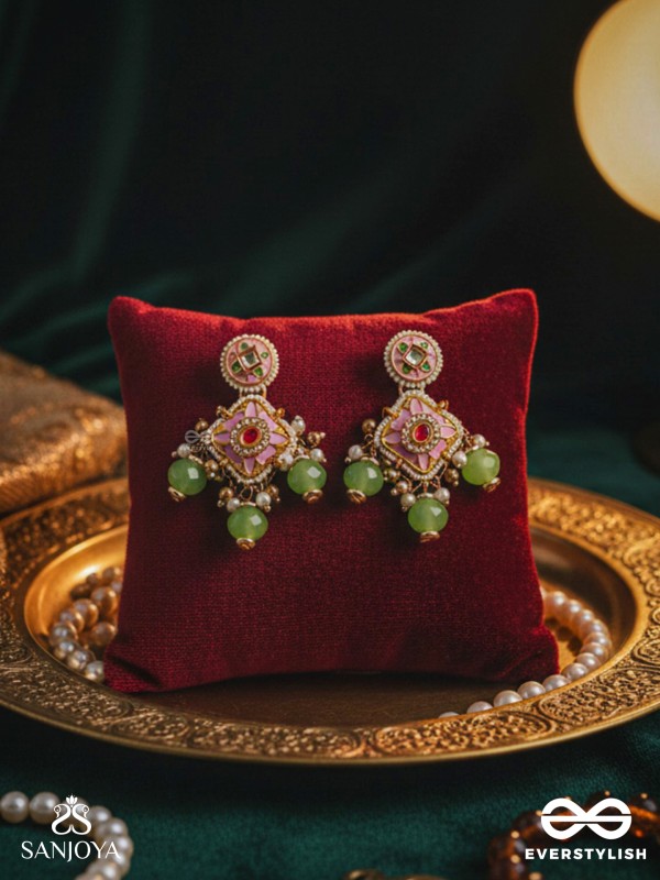 MADHUVRATA – SWEET AS SPRING BLOOM - GRACEFUL PINK ENAMELLED EARRINGS WITH KUNDAN GREEN BEADS AND PEARL DROPS