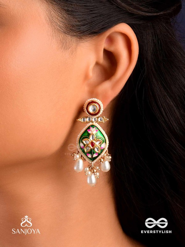 HARINAKSHI - DOE-EYED BEAUTY - GRACEFUL HANDCRAFTED KUNDAN EARRINGS WITH POLKI ACCENTS AND PEARL DETAILS