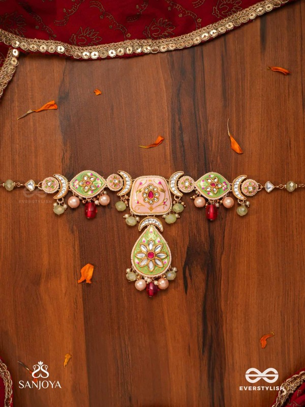 MADHUBHUSHANA - ADORNED WITH SWEETNESS - HANDCRAFTED KUNDAN ENAMEL NECKLACE WITH PEARL AND GEM DROPS