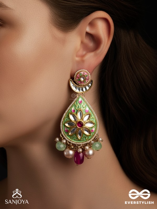 MADHUBHUSHANA - ADORNED WITH SWEETNESS - HANDCRAFTED KUNDAN ENAMEL EARRINGS WITH PEARL AND GEM DROPS