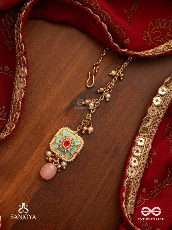 PUSHPAKSHI - BLOSSOMING BEAUTY - DELICATE KUNDAN MULTI-TONED ENAMEL MAANGTIKA WITH DAINTY GEMSTONE DROPS