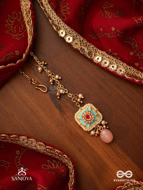 PUSHPAKSHI - BLOSSOMING BEAUTY - DELICATE KUNDAN MULTI-TONED ENAMEL MAANGTIKA WITH DAINTY GEMSTONE DROPS