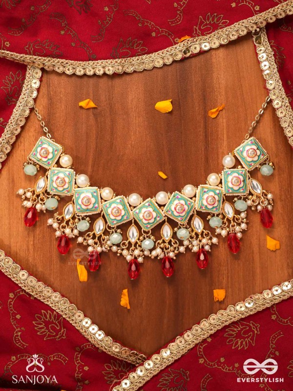 ANUPAMA - INCOMPARABLE BEAUTY - STATEMENT ENAMELLED KUNDAN NECKLACE WITH DAZZLING PEARLS, BEADS AND GEMS