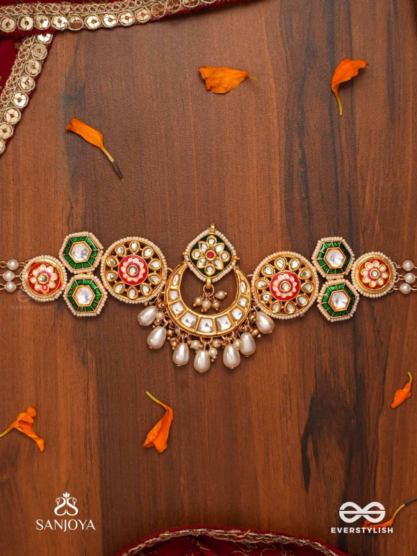 VIBHAVATI - ADORNED WITH RICHNESS - EXQUISITE KUNDAN CHOKER WITH ENAMELLED POLKI DESIGN, PEARLS AND GEMSTONES