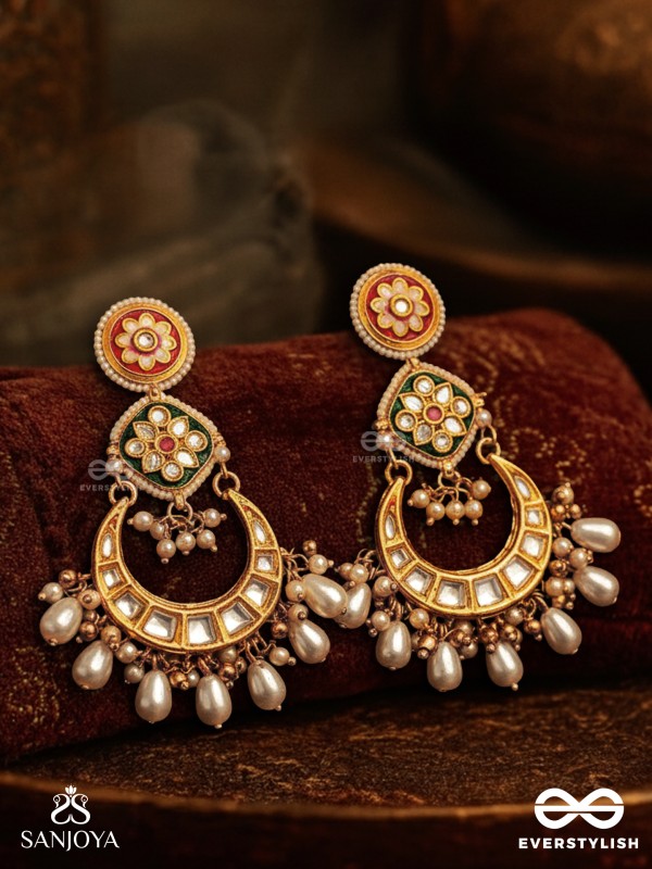VIBHAVATI - ADORNED WITH RICHNESS - EXQUISITE KUNDAN EARRINGS WITH ENAMELLED POLKI DESIGN, PEARLS AND GEMSTONES