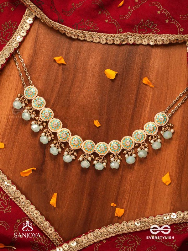 VARUNIKA - GODDESS OF WATER - GRACEFUL BLUE ENAMEL KUNDAN CHOKER WITH LUSTROUS DROPS