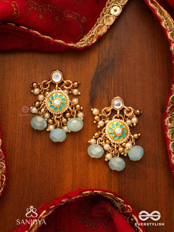 VARUNIKA - GODDESS OF WATER - GRACEFUL BLUE ENAMEL KUNDAN EARRINGS WITH LUSTROUS DROPS