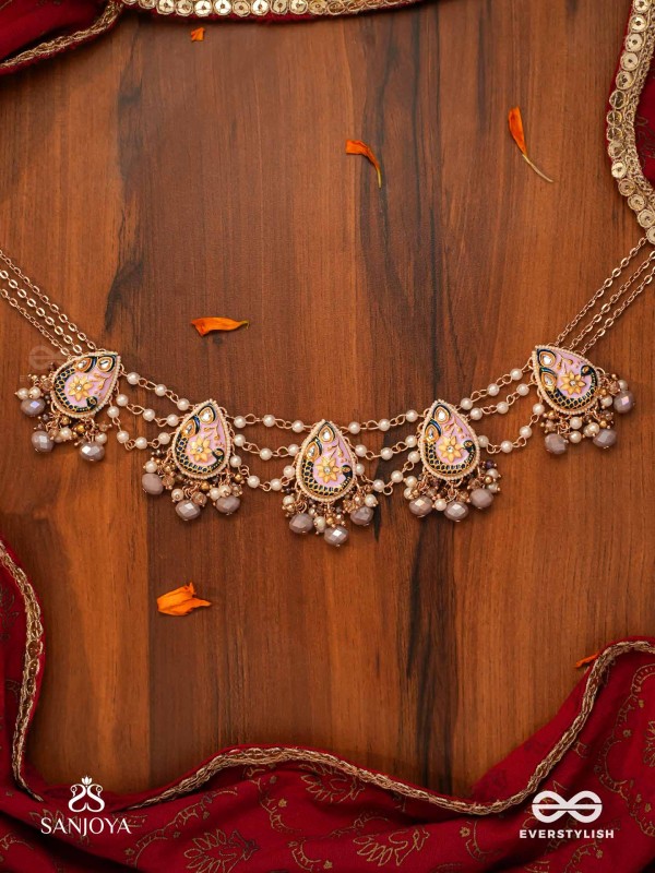 CHITRAMANI - JEWELLED ART - HANDCRAFTED KUNDAN NECKLACE WITH DETAILED ENAMEL WORK AND SOFT GEM DROPS