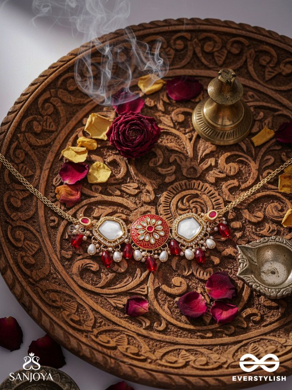 AGNITA - FIERY BEAUTY - INTRICATE KUNDAN RED POLKI CHOKER WITH DAZZLING MIRROR ACCENTS, PEARLS AND GEM FRINGES