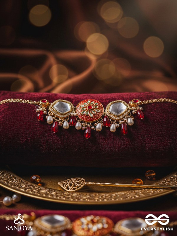 AGNITA - FIERY BEAUTY - INTRICATE KUNDAN RED POLKI CHOKER WITH DAZZLING MIRROR ACCENTS, PEARLS AND GEM FRINGES