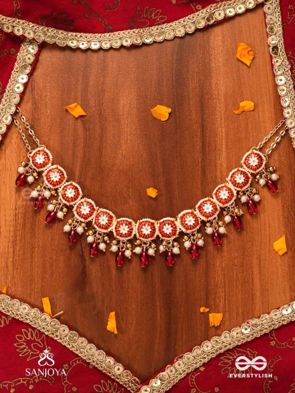 RUDRANJALI - SACRED RED OFFERING- TRADITIONAL RED ENAMELLED POLKI CHOKER WITH LUSTROUS BEADS AND PEARLS