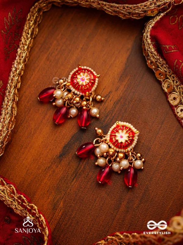 TRADITIONAL RED ENAMELLED POLKI EARRINGS WITH LUSTROUS BEADS AND PEARLS