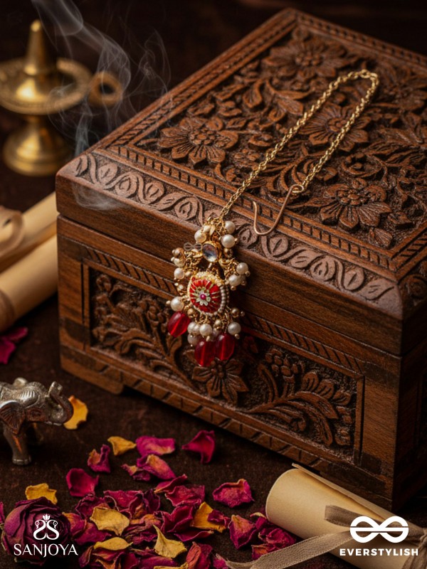 TRADITIONAL RED ENAMELLED POLKI MAANGTIKA WITH LUSTROUS BEADS AND PEARLS