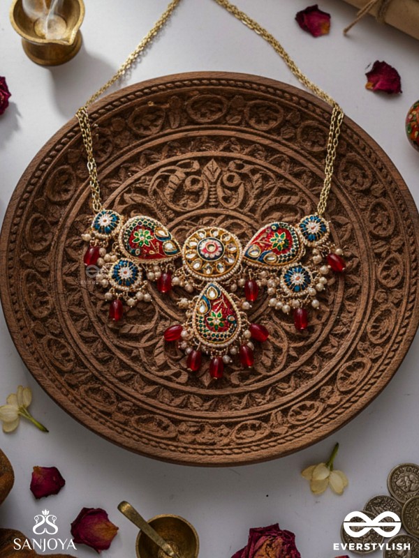 SUVARNAPUSHPA - GOLDEN BLOSSOM - LUXURIOUS HERITAGE KUNDAN NECKLACE WITH RED AND BLUE ENAMEL WORK, PEARLS AND BEADS