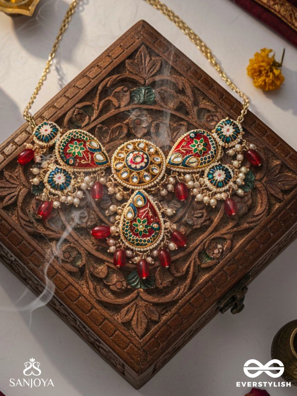 SUVARNAPUSHPA - GOLDEN BLOSSOM - LUXURIOUS HERITAGE KUNDAN NECKLACE WITH RED AND BLUE ENAMEL WORK, PEARLS AND BEADS