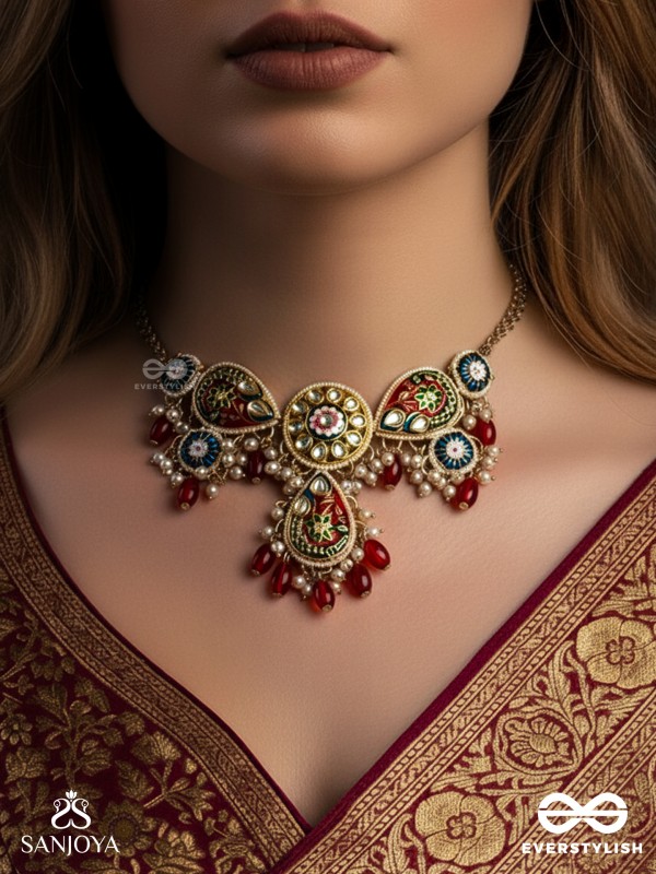 SUVARNAPUSHPA - GOLDEN BLOSSOM - LUXURIOUS HERITAGE KUNDAN NECKLACE WITH RED AND BLUE ENAMEL WORK, PEARLS AND BEADS