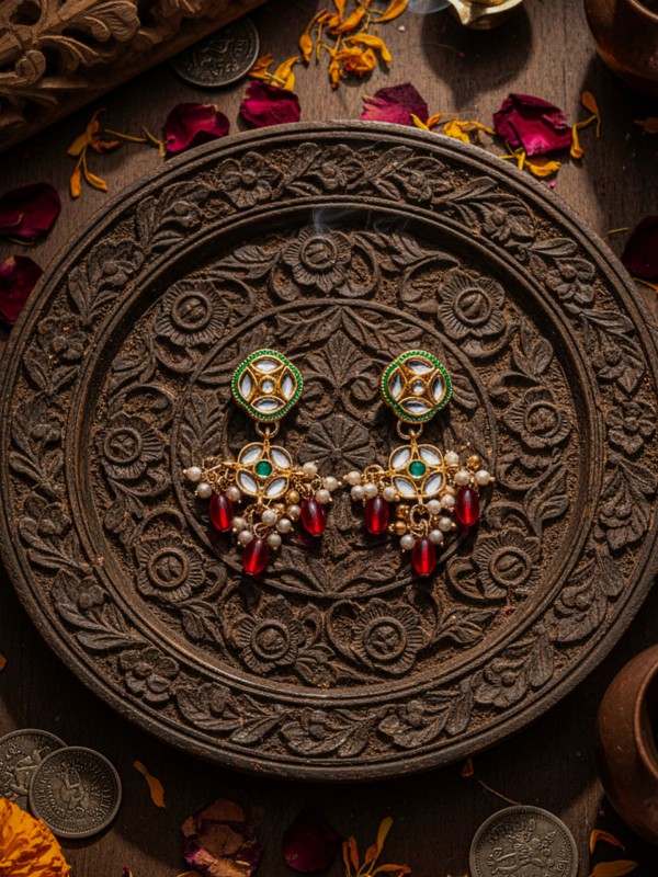 VIMALA - PURE AND DIVINE - ORNATE  KUNDAN EARRINGS WITH ROYAL RED STONES AND PEARLS