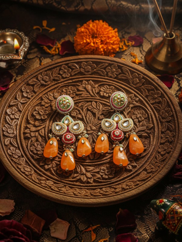 VASANTINI - SPRING’S BEAUTY - GRAND KUNDAN EARRINGS WITH PEARLS, BEADS AND GEM FRINGES