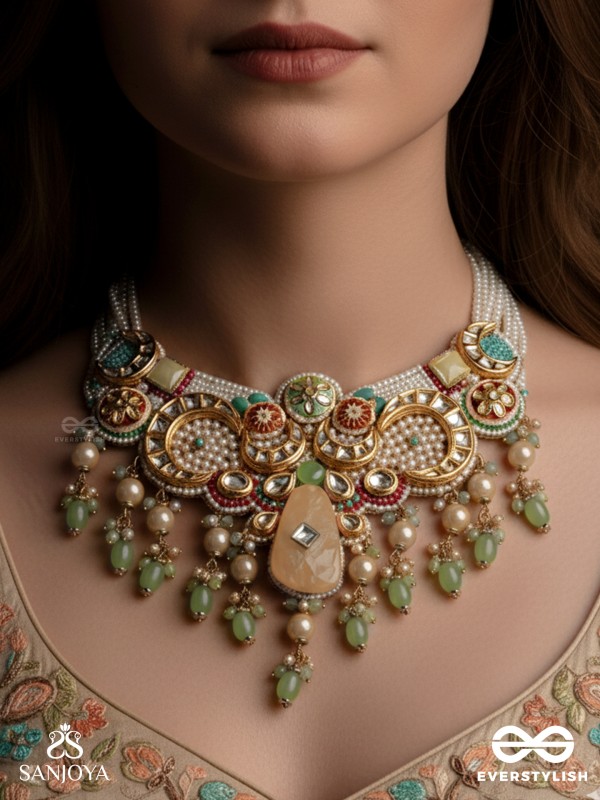 VASANTINI - SPRING’S BEAUTY - GRAND KUNDAN MULTI-CHAIN NECKLACE WITH PEARLS, BEADS AND GEM FRINGES
