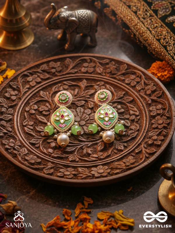 HARITRINA - VERDANT BEAUTY - KUNDAN DAINTY GOLDEN EARRINGS WITH HANDCRAFTED FLORAL ENAMEL WORK