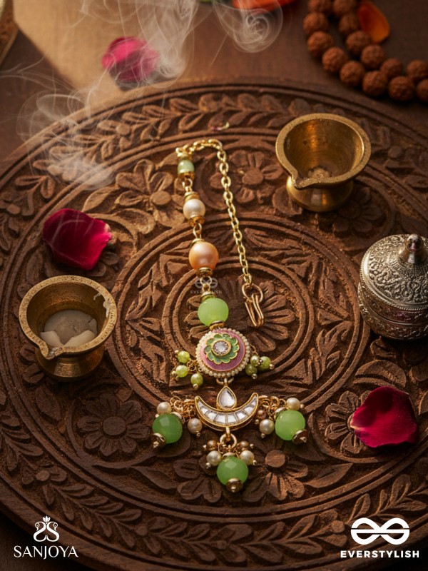 HARITRINA - VERDANT BEAUTY - KUNDAN DAINTY GOLDEN MAANGTIKA WITH HANDCRAFTED FLORAL ENAMEL WORK