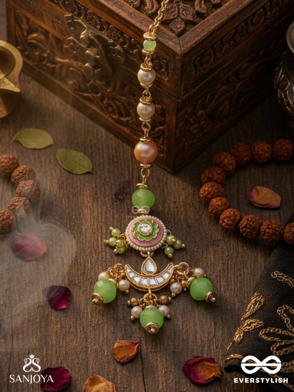 HARITRINA - VERDANT BEAUTY - KUNDAN DAINTY GOLDEN MAANGTIKA WITH HANDCRAFTED FLORAL ENAMEL WORK