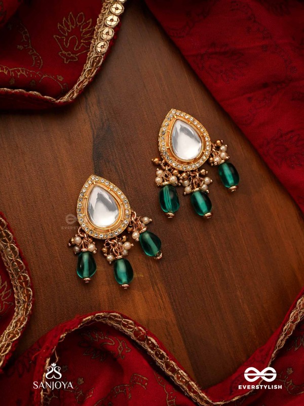 INDRANEELA - BLUE SAPPHIRE GLOW - ROYAL KUNDAN POLKI EARRINGS WITH SPARKLING TEAL GEMSTONES