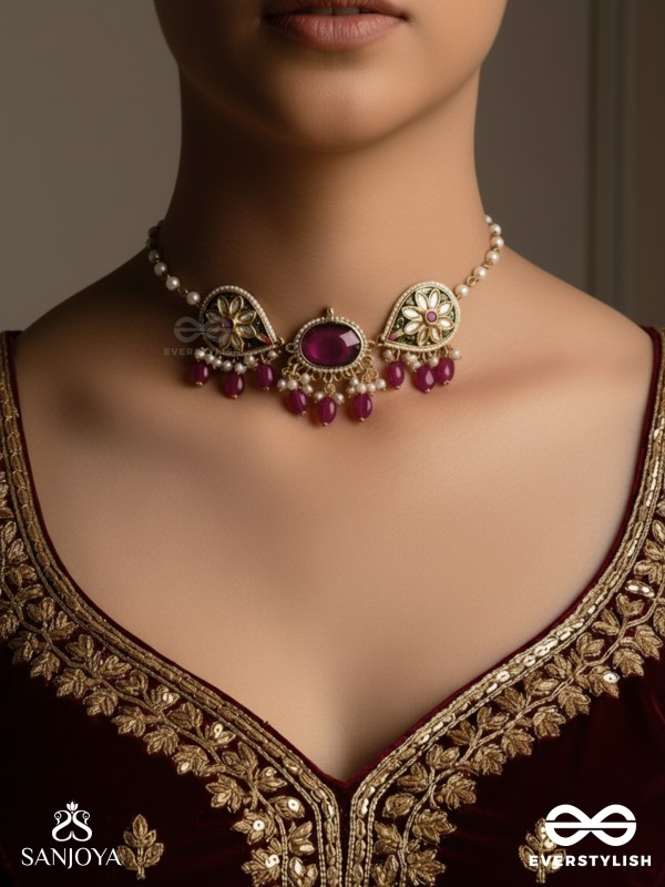 SINDURINI - VERMILION GRACE - STATEMENT KUNDAN POLKI NECKLACE WITH RED GEMSTONES AND ENAMEL ACCENTS