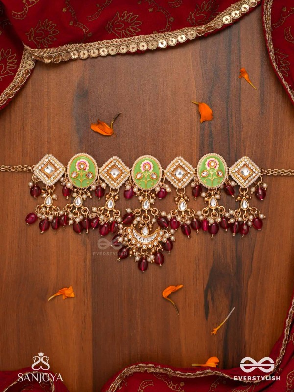 PUSHPALEKHA - STROKES OF FLOWERS - INTRICATE FLORAL ENAMELLED KUNDAN NECKLACE WITH RUBY BEADS