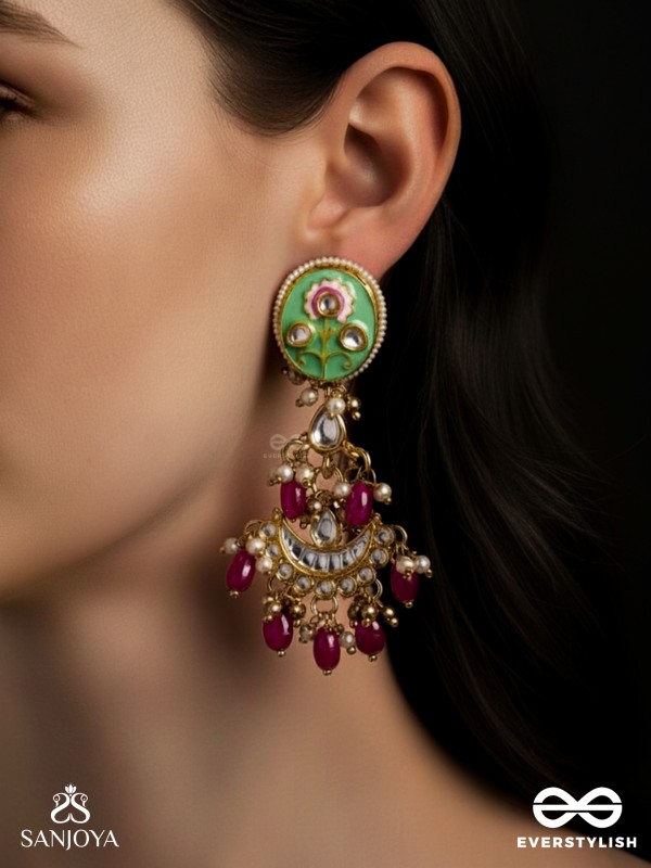 PUSHPALEKHA - STROKES OF FLOWERS - INTRICATE FLORAL ENAMELLED KUNDAN EARRINGS WITH RUBY BEADS